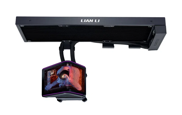 The HydroShift II OLED Curved (360Fanless version seen here) has side-mounted tubing secured to the radiator via brackets.