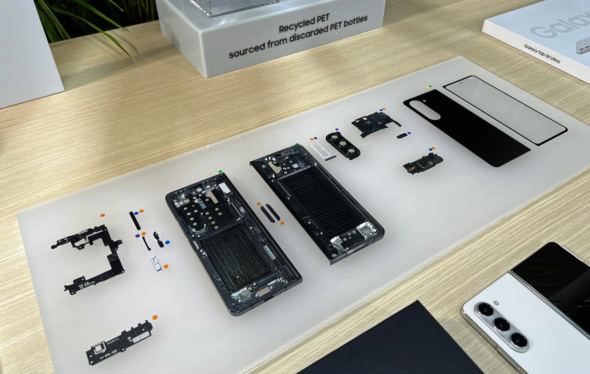 Samsung showed a diagram of components made using recycled sources of metals, plastic, and glass, all colour-coded to indicate its source and material type.