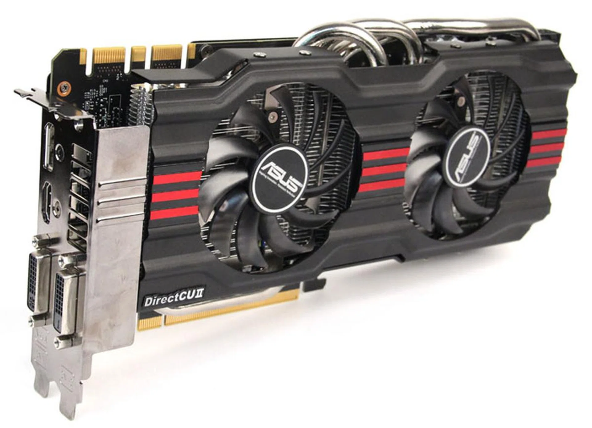 Like most of ASUS' custom cards, this card uses ASUS' dual-fan DirectCU II cooler, comprising of five copper heatpipes in direct contact with the GPU, cooled by two 80mm fans.