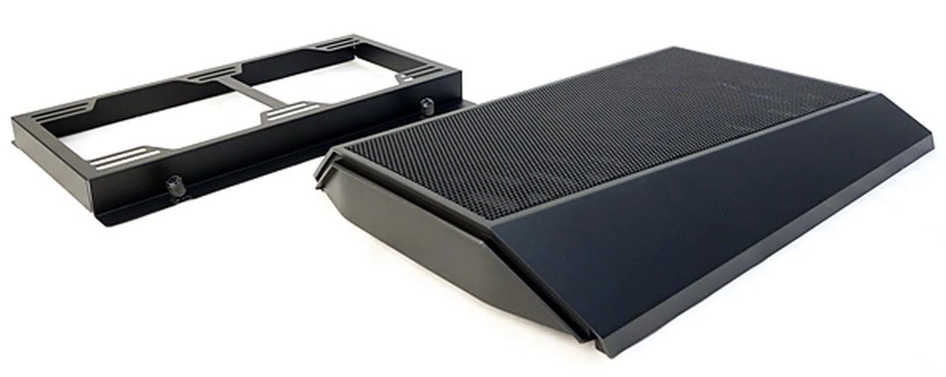 On the left, the liquid-cooling bracket, and on its right, is the top mesh cover. They are sold as an accessory set.