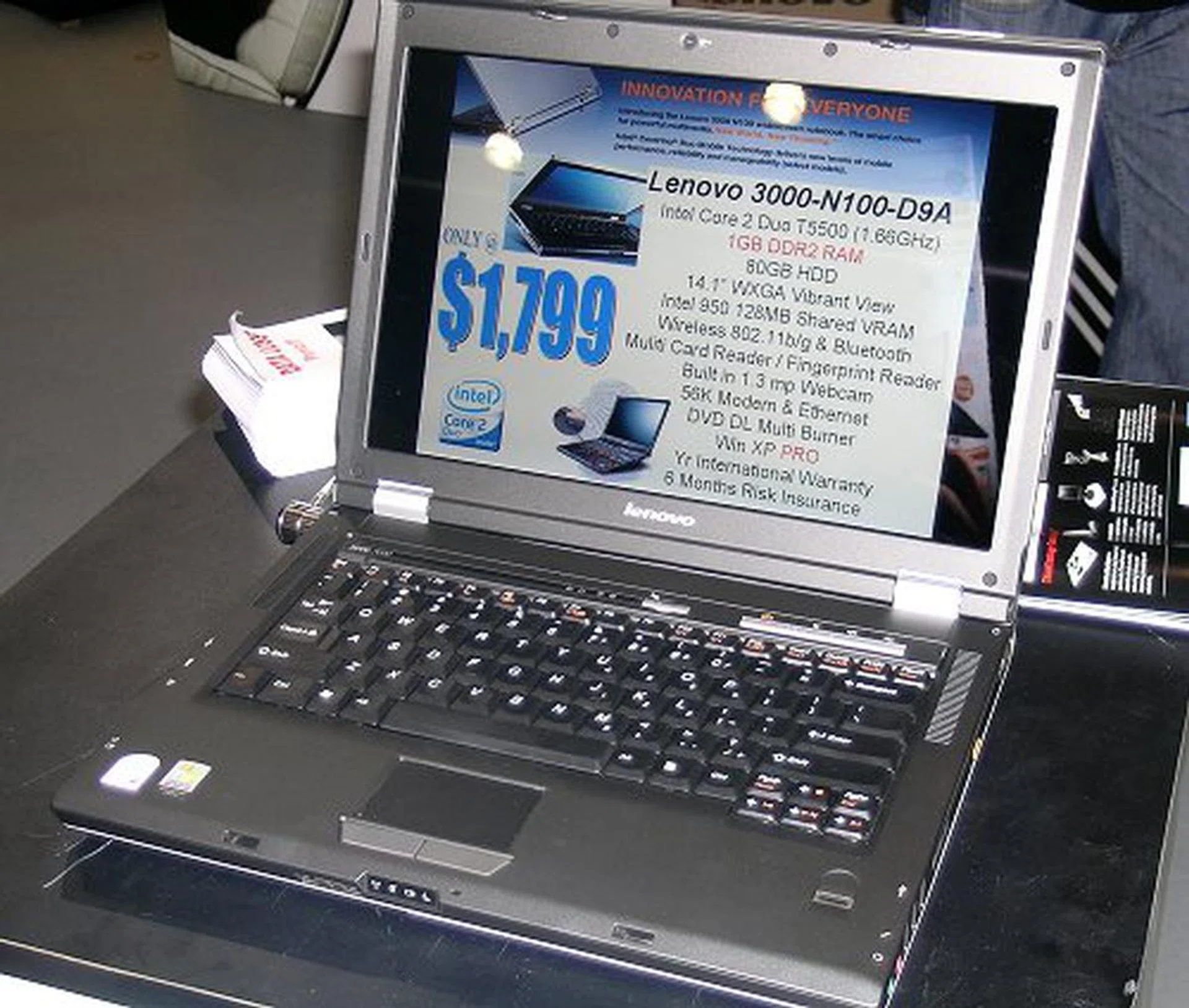 For those of you not looking at full-fledged business notebooks but something more on the value side of things for personal use, the Lenovo N100 presents an interesting option. At S$1799, it comes with a Core 2 Duo T5500 (1.66GHz, 2MB L2) processor, 1GB DDR2 memory (after the free upgrade), 80 GB HDD, DVD-RW DL burner, a14.1-inch WXGA TFT display, integrated card reader, 1.3MP webacm, fingerprint scanner and the 8-in-1 gift set thrown in free. This guy is slightly heavier though at 2.5kg but presents good value if you don't mind the dull but executive looking color theme.