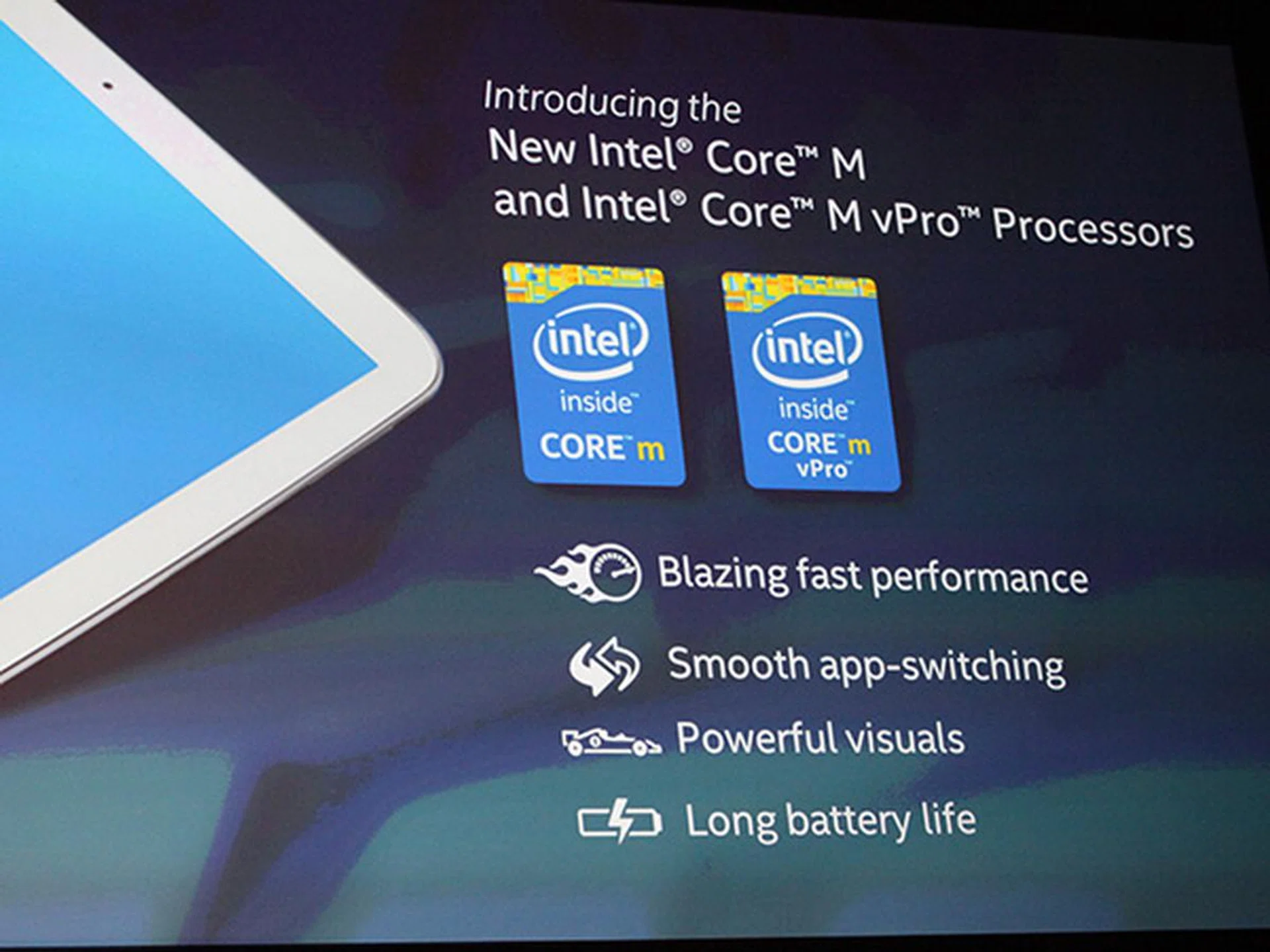 Intel introduced the new Core M processor that is their 5th generation Core product based on their latest 14nm process technology.
