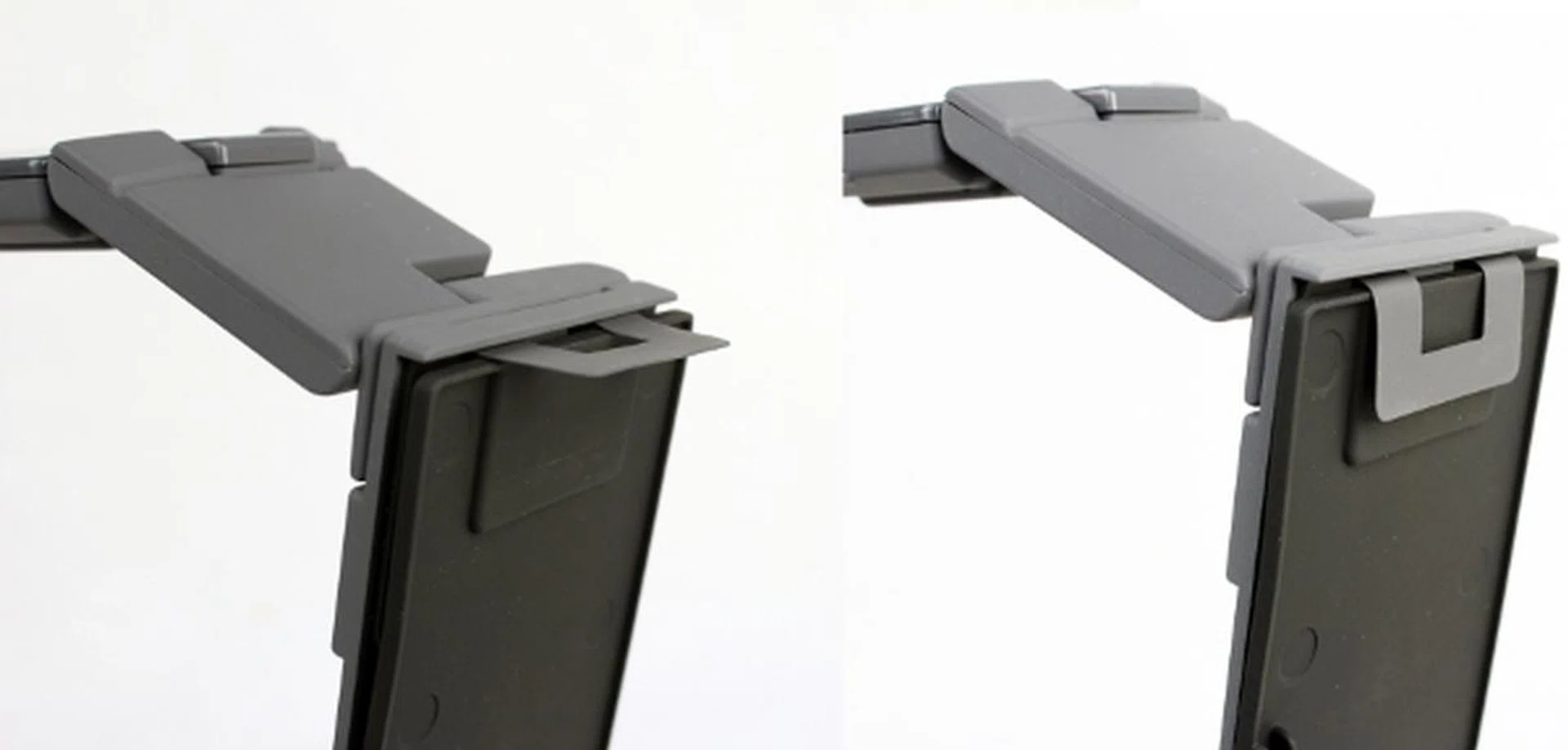 The Xcanex is mounted onto the stand with the help of a flexi-hook (pictured) and an elastic velcro strap (below).