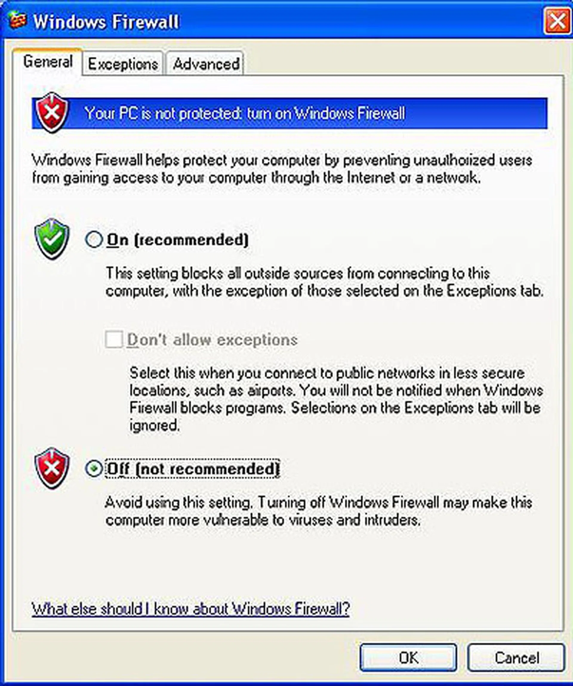 Windows XP's main Firewall options page.