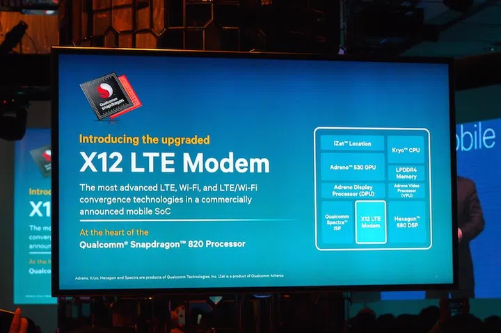 Qualcomm is proud to unveil their X12 LTE modem - this is how the chip will work with other chips on the Snapdragon 820 processor.