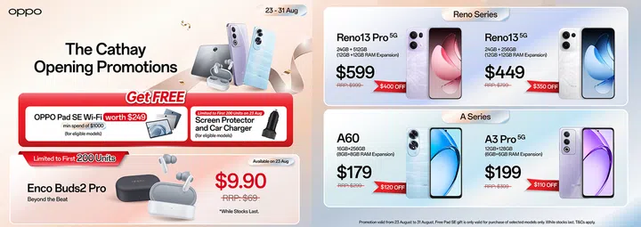 Summary of promotions for OPPO Service Centre opening at The Cathay.