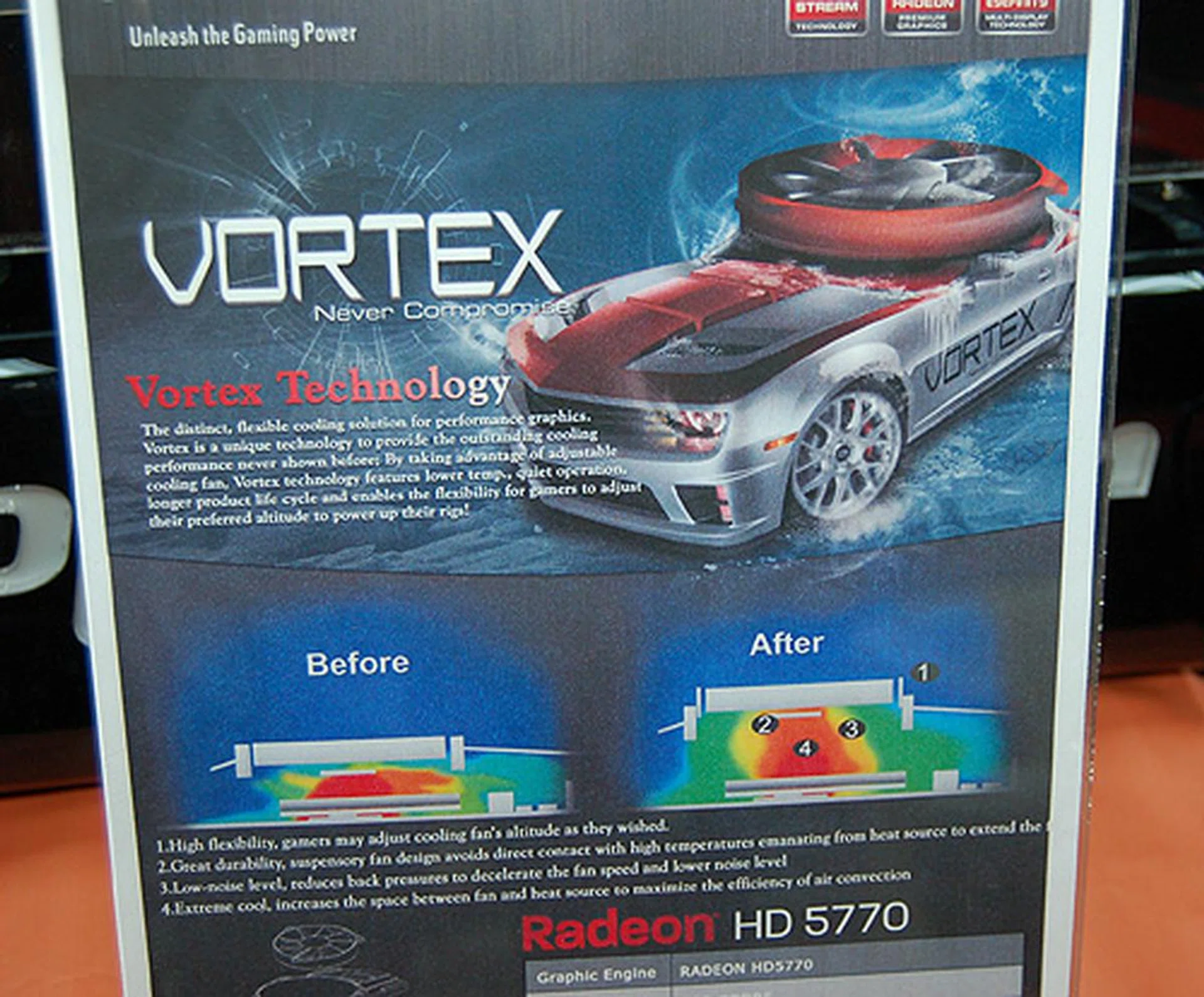 A custom cooler solution, the new Vortex II comes with two adjustable fans, which users can raise in order to create greater ambient airflow. At least that's the theory. It's found on this Radeon HD 6950 currently and should lead to quieter and cooler operation. 