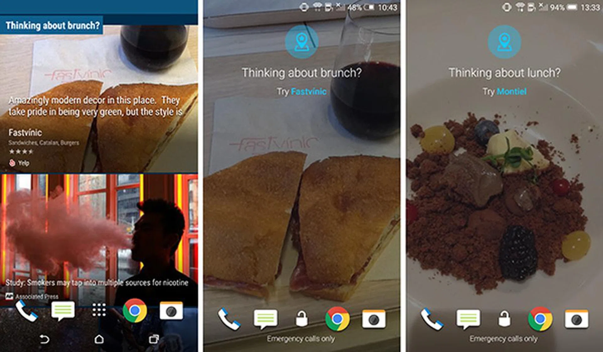 Contextual suggestions appear in your BlinkFeed at certain times of the day with suggestions on where to dine. It also appears on the lock screen (center screenshot) with recommendations based on your location and time of day. Right screenshot shows lunch recommendation at 1pm while the center screenshot tells you where to head for brunch in the late morning.