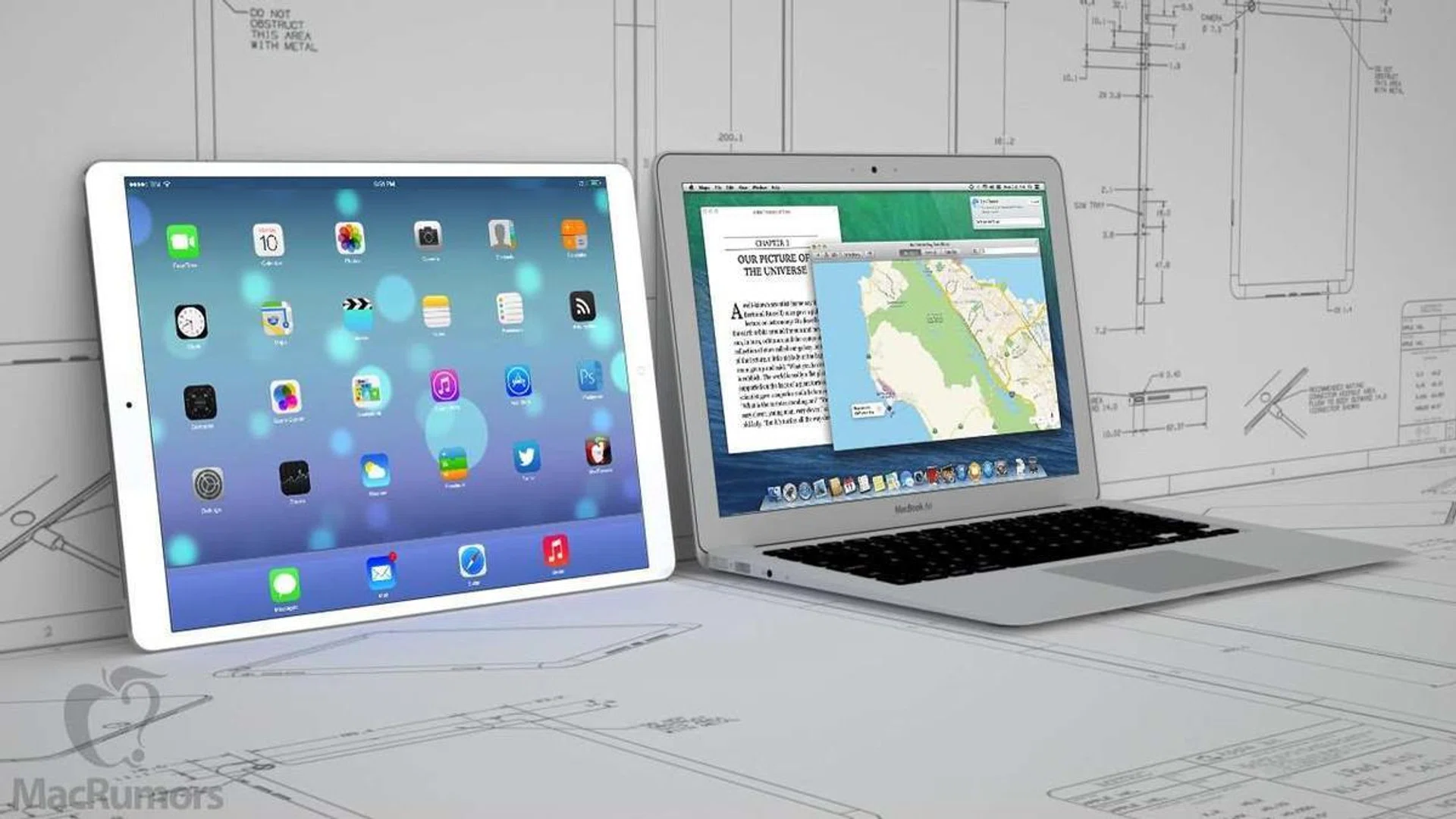 iPad Pro mockup next to 13-inch Macbook Air <br>
Source: Macrumors