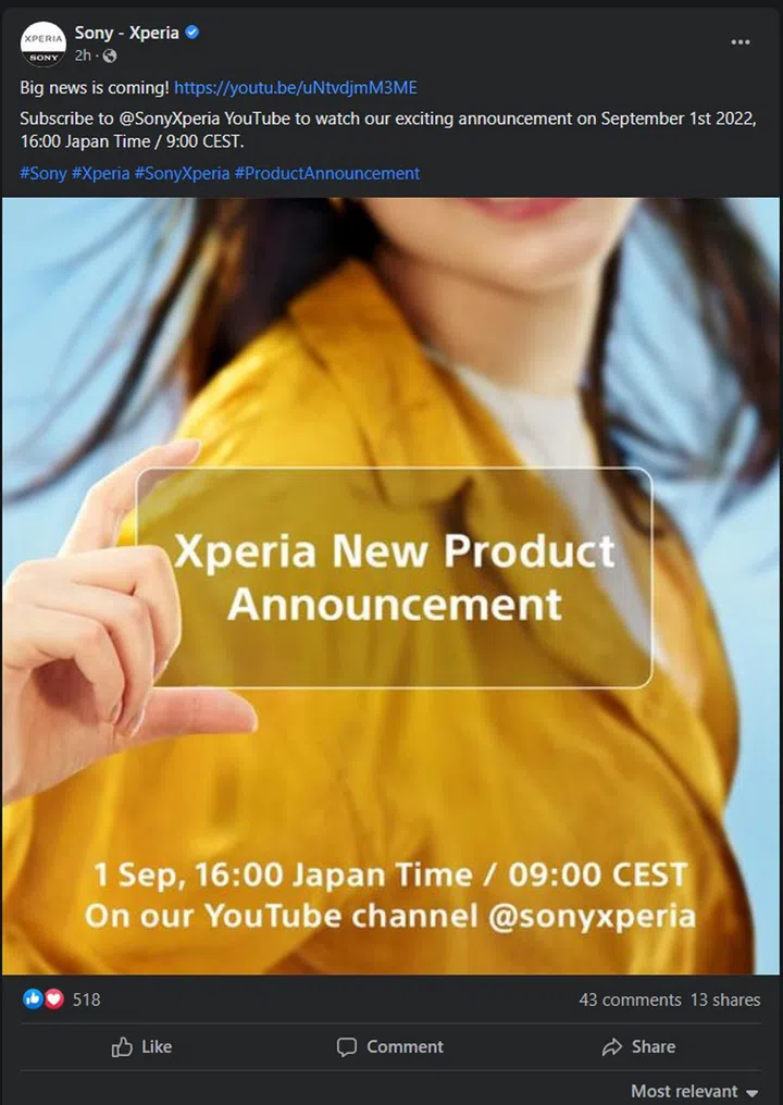 Screenshot of Sony Xperia's announcement for its... announcement?