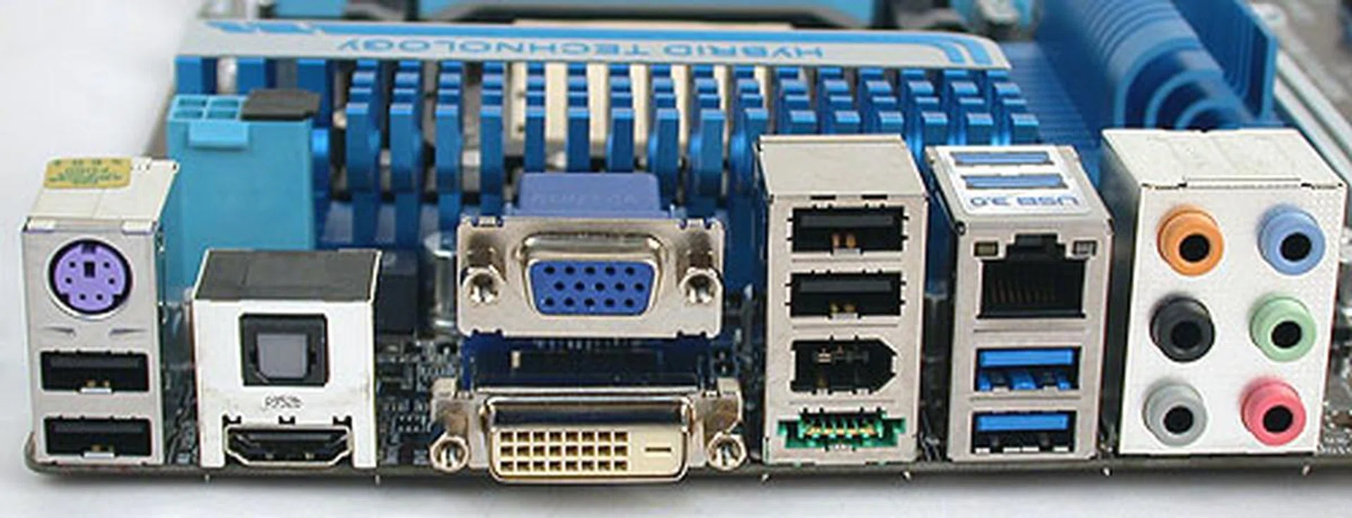 The ASUS is the only board here today with USB 3.0 support (the blue USB ports). It still manages to cramp in a further four USB 2.0 ports, though that means no PS/2 mouse port for you. There are even FireWire and eSATA ports to cover the storage aspect.