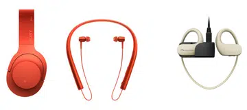 From left to right, Sony's wireless h.ear on MDR-100ABN, and wireless h.ear in MDR-EX750BT, and Sony Walkman WS410 series wearable player.