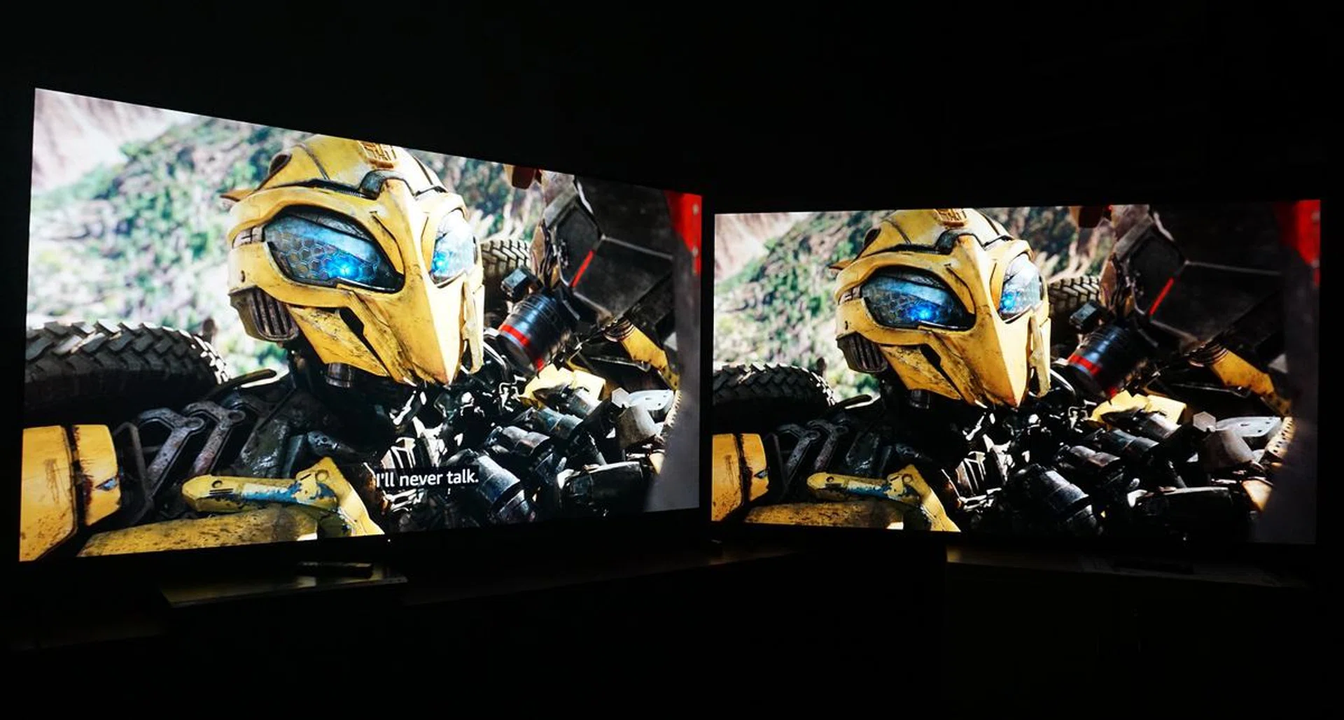 Left: Sony A90J Master OLED (2021) vs Right: Sony A80K OLED (2022). Granted the 2021 model was a 'master' tier, in-so-far as large screen TVs are concerned, the A80K was Sony's lead 2022 model and the first to feature anti-glare coating. The result was the newer TV was less vibrant and some details were harder to discern, whereas the older TV had more convincing HDR delivery worthy of your OLED purchase. Onscreen show: Bumblebee movie streamed from Amazon Prime. (Click to view a larger image.)
