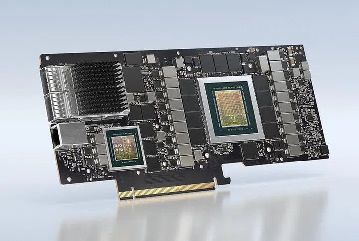 This is the NVIDIA BlueField-2X DPU, which has everything that a NVIDIA BlueField-2 DPU features, but vastly more AI processing capability thanks to the added NVIDIA Ampere GPU.