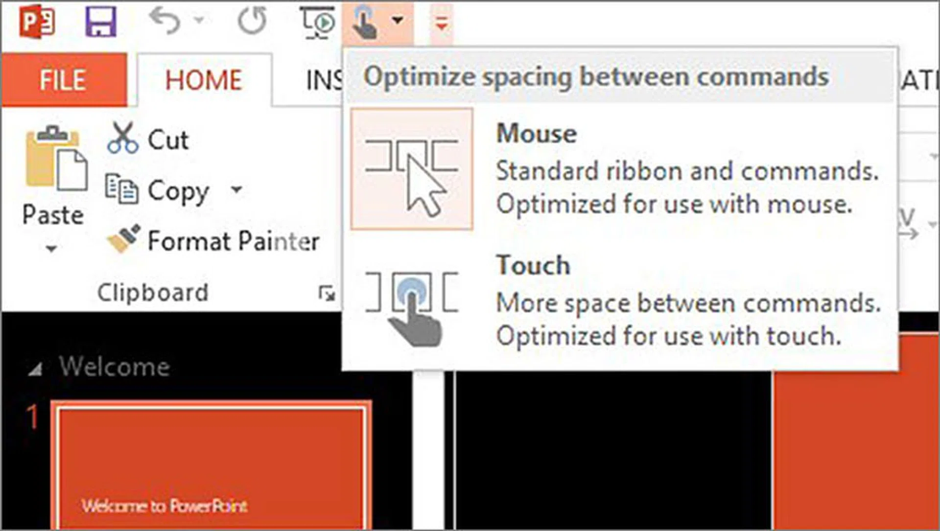 Let's face it: Traditional desktop apps like Office aren't naturally touch apps. One method used by Microsoft to make Office easier to use on touch-enabled devices is to implement a Touch mode to allow for more space between commands.