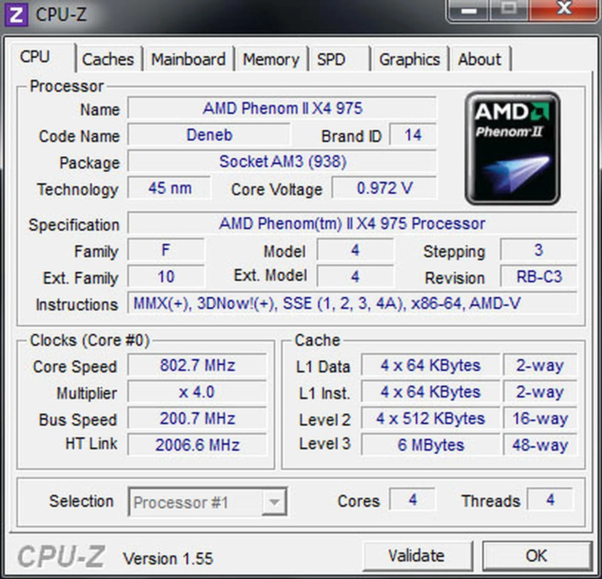 The Phenom II X4 975 BE is clocked at 3.6GHz, but drops to 800MHz during idle.