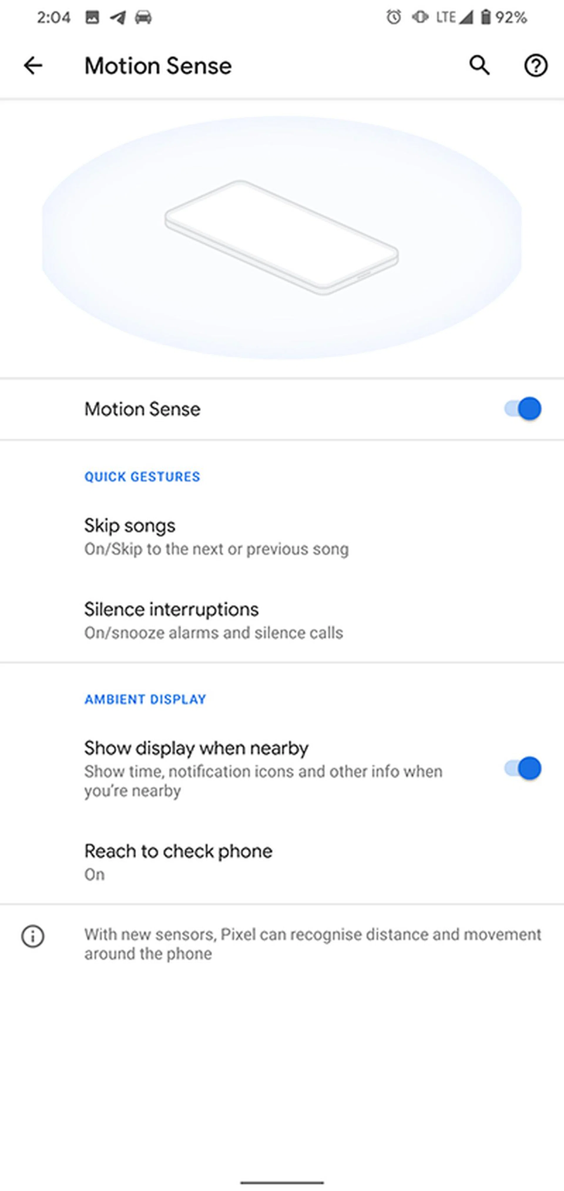 You can also choose to disable specific aspects of Motion Sense. 
