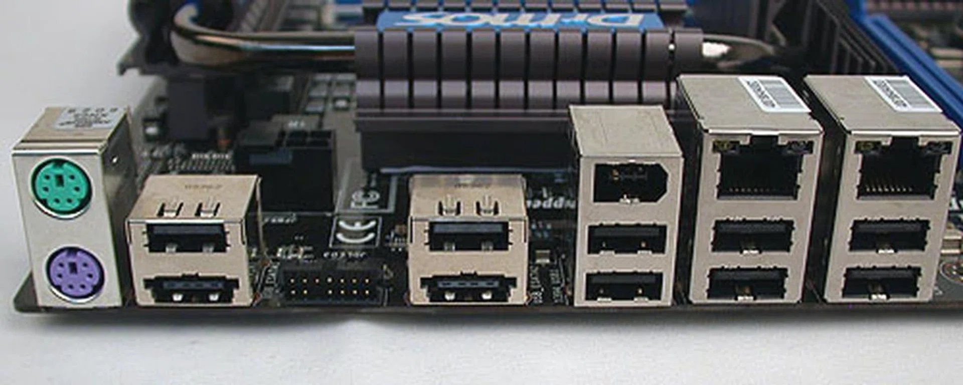 Dual Gigabit Ethernet ports, eSATA/USB 2.0 combo ports are some of the usual suspects on a higher end motherboard and this MSI board has plenty of those around. The strange port in between the eSATA/USB combo ports is for connecting to the OC Dashboard.