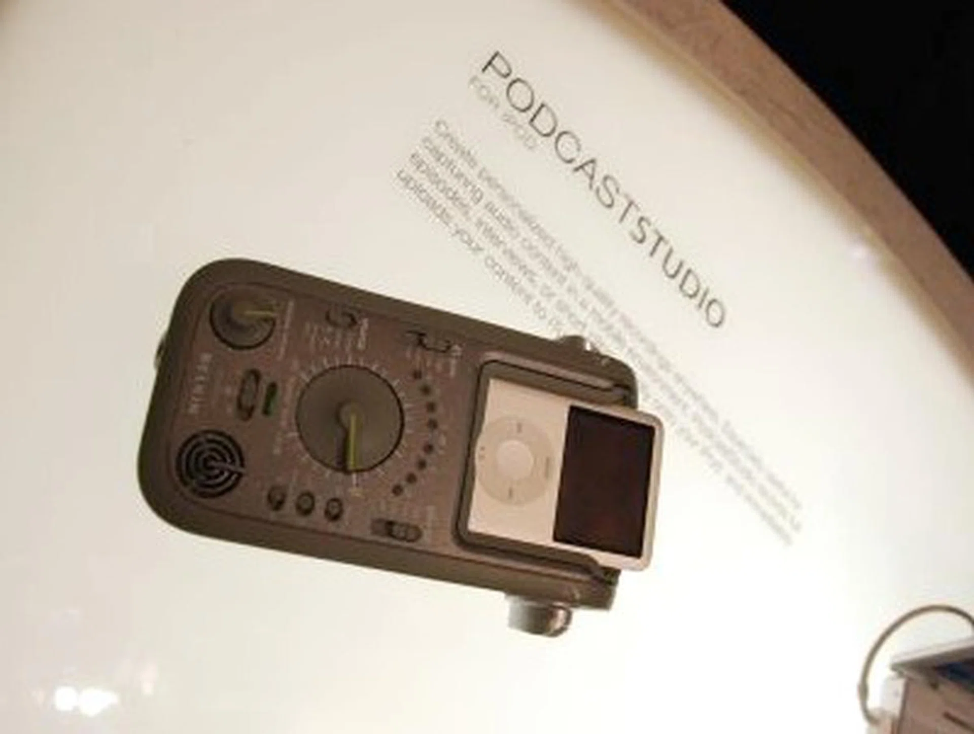 The Belkin podcaststudio, priced at US$99, allows you to make podcasts via the integrated stereo microphones and record it direct into your iPod device (then upload it to the net once you synch your iPod) or attach up to two high-power microphone jacks for better voice reception.