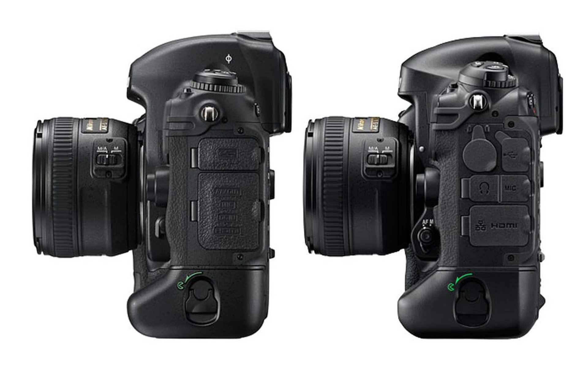 The D4 (right) gains individual port covers instead of sharing two large covers like on the D3S (left).