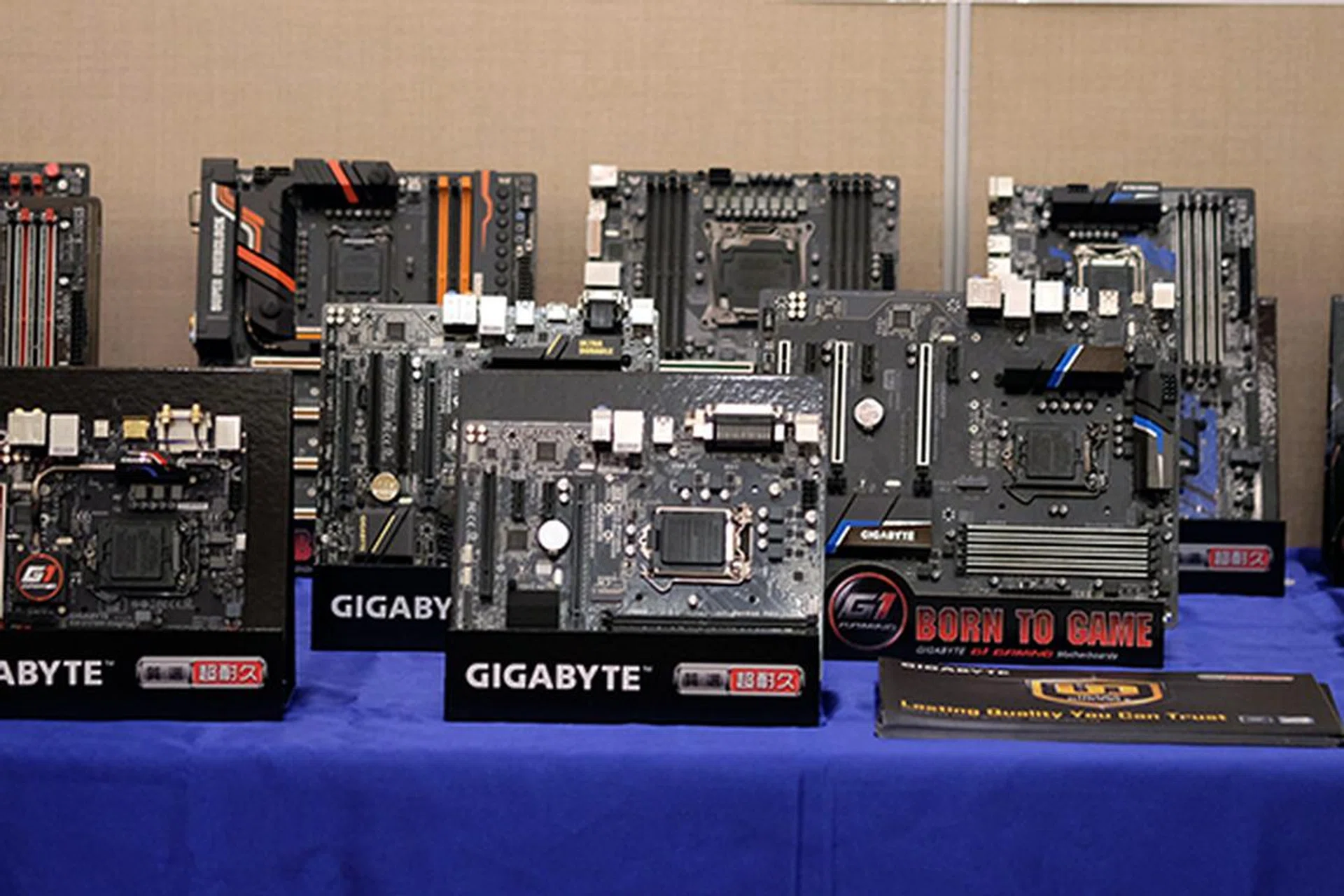 Here's a mix of current and upcoming motherboards from Gigabyte. Unfortunately, we weren't allowed to look more closely at the new models, because they're still technically prototypes.