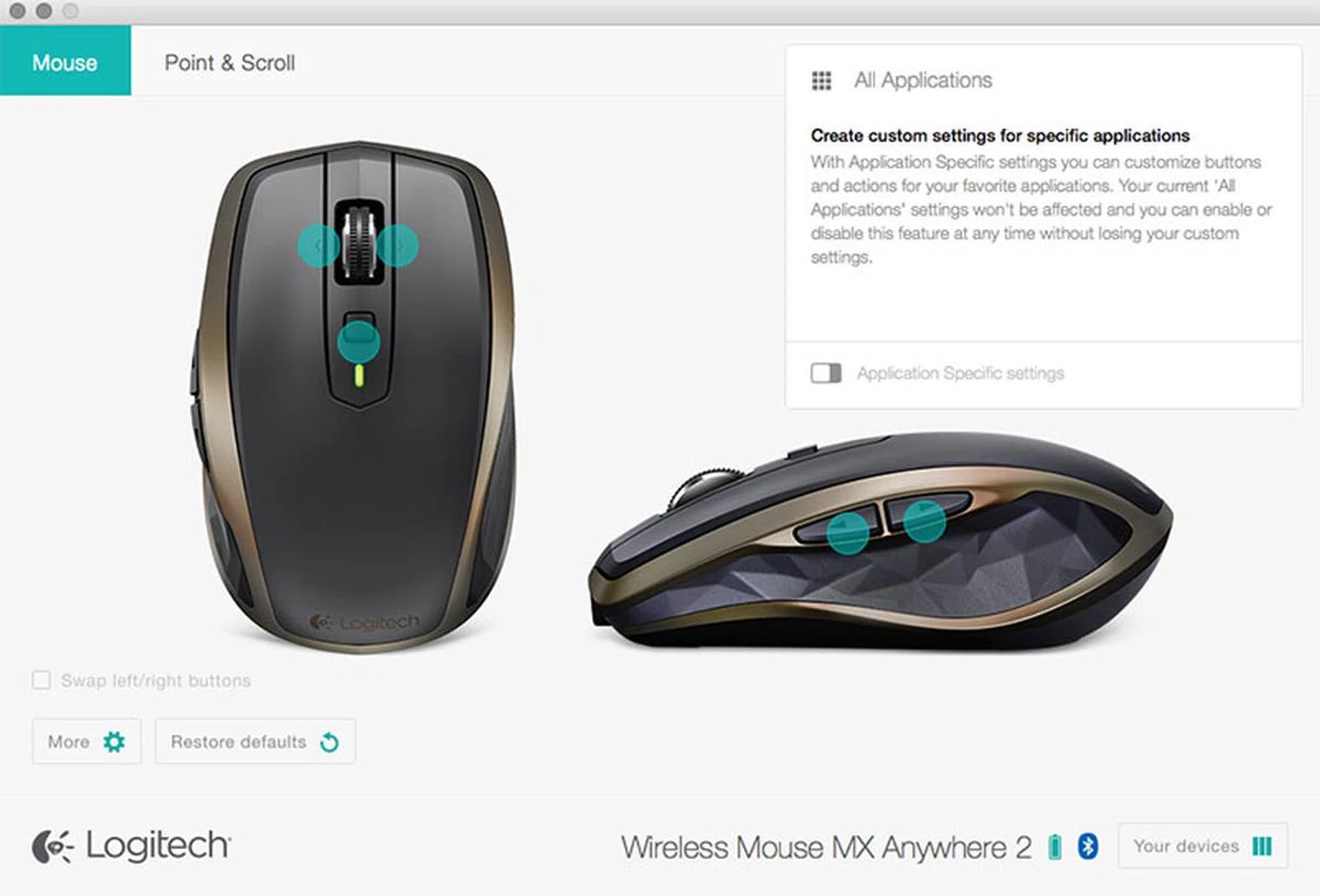 Logitech Options is a powerful utility that lets you customize your MX Anywhere 2 mouse to your heart's content. You can even customize the mouse to work in specific ways in specific apps.