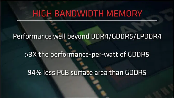 HBM utilizes a stacked architecture that enables it to surpass GDDR5 memory in terms of performance per watt, in addition to shrinking the PCB surface area. (Image Source: AMD)