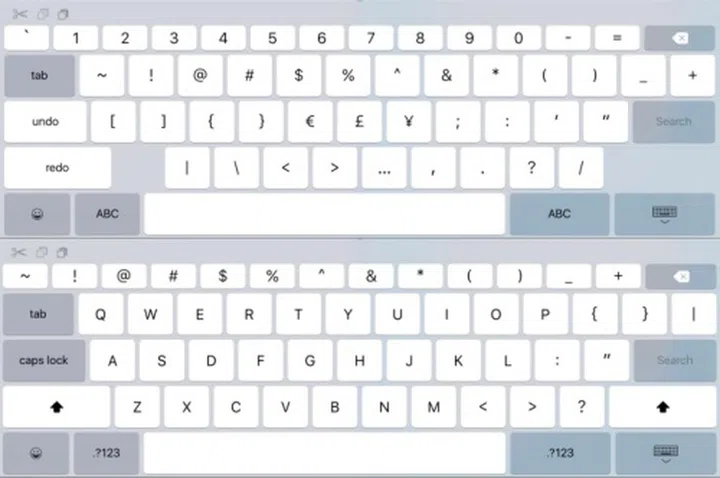 This is how the iOS 9 keyboard will look on a larger display with the new Tab and Caps Lock keys, and a new top row of symbols.