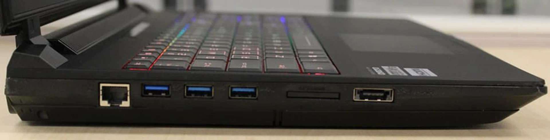 On the right side (going from left to right), you have the Ethernet jack, a couple of USB 3.0 ports, as well as the SD card slot. The final port is a combo SATA/ USB 3.0 port.