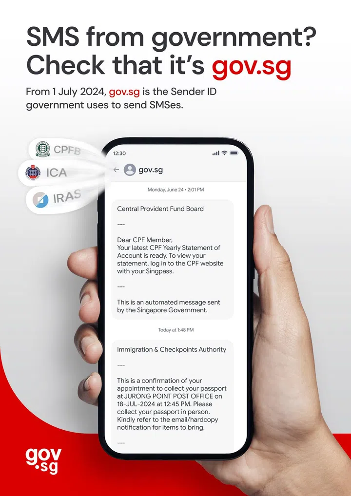 Public service announcement poster by gov.sg about using a unified SMS identifier.