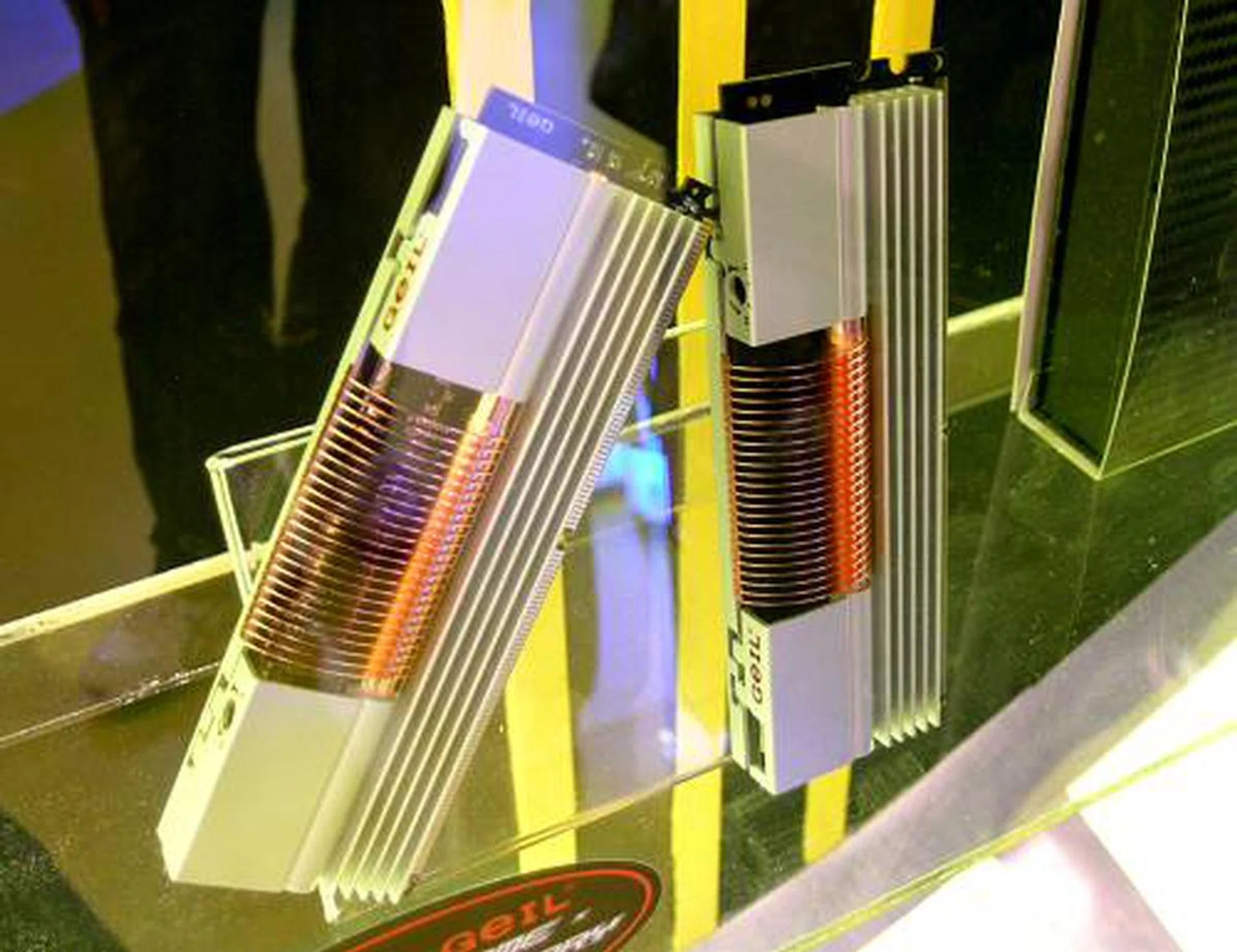 The Geil Evo One series of memory makes a showing as well. If you haven't yet seen these babies, they allow users to directly connect power to them and fine tune voltage, giving overclockers the control they need.