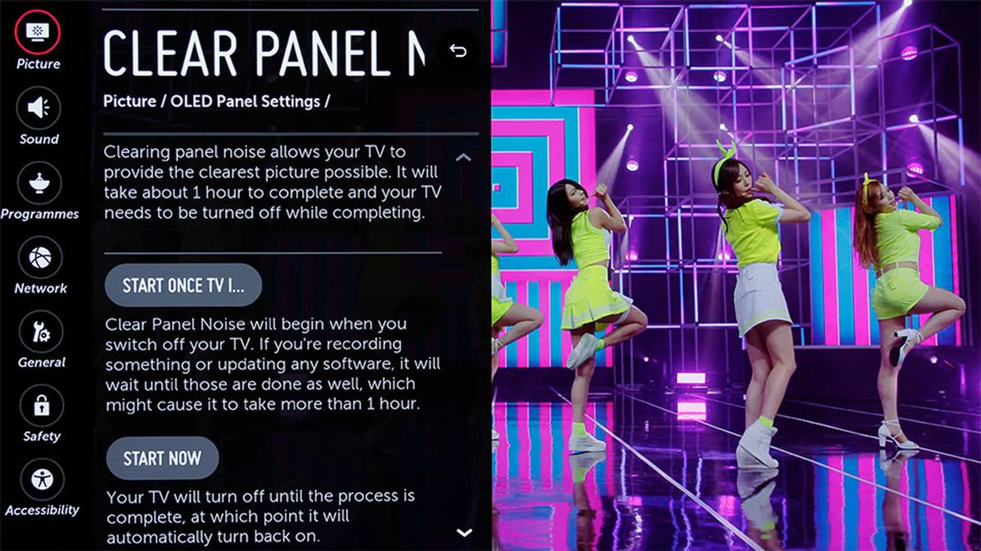 The Clear Panel Noise setting gives users something they can try on their own if they notice any picture quality issues, especially if the TV has been turned on for an extended period of time.