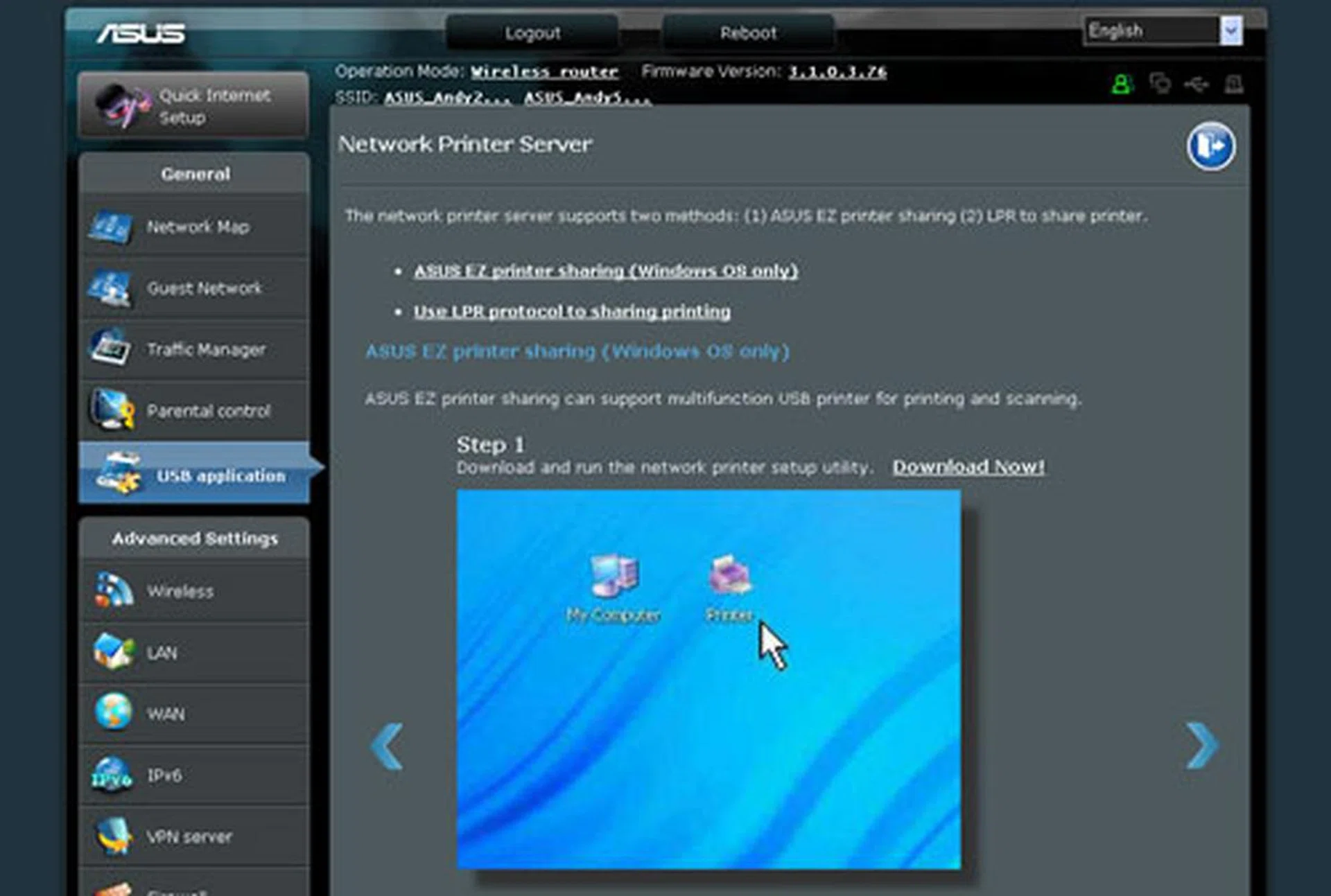 You may enable the N66U's print server function via the 'EZ Printer Sharing' or 'LPR protocol' options. However, you'll need to download an utility if you'd like to configure the printer by means of the 'EZ Printer Sharing' selection. Alternatively, you may install the utility via the bundled CD.