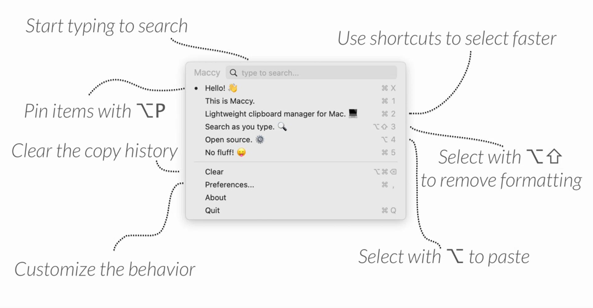 All functions of the Maccy application.