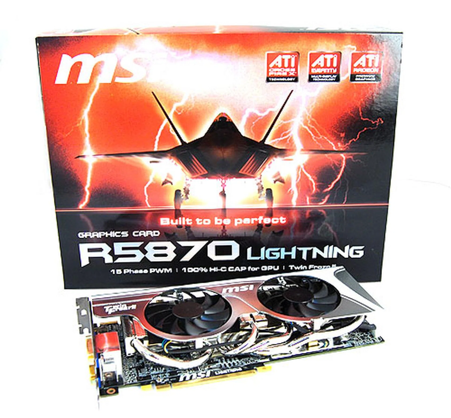 The MSI R5870 Lightning comes in the familiar “Lightning-style” packaging, which features a stealth fighter on the cover.