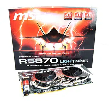 The MSI R5870 Lightning comes in the familiar “Lightning-style” packaging, which features a stealth fighter on the cover.