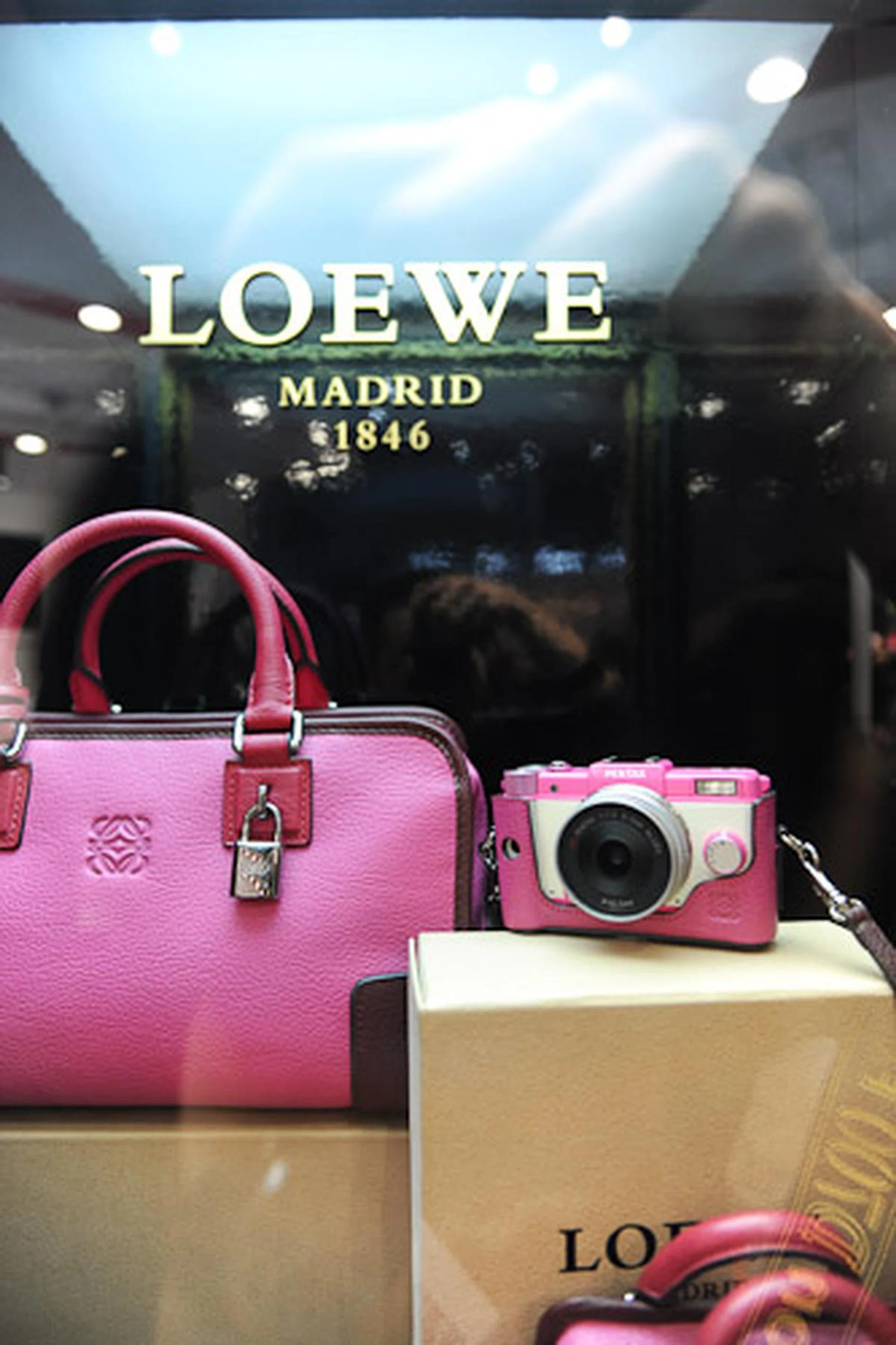 Behind the glass was a pink Pentax Q with a Loewe bag. Be still, my fashionista heart.