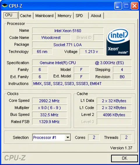 The Xeon 5160 was a much more recent system and we had the latest CPU-Z version for proper CPU information gathering. At load, it operates at 3GHz per core at 1.217V. However at idle, it steps back to 2.0GHz at a voltage of 1.075V. Yup, DBS is in action