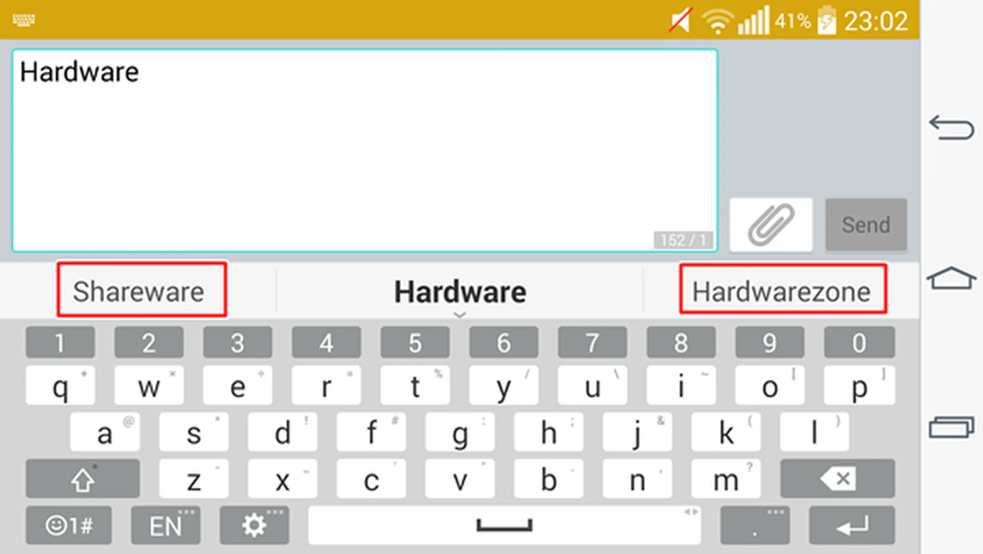 If "hardwarezone" is the word you want to add into the message, swipe up on the right side of the keyboard and it will be added.