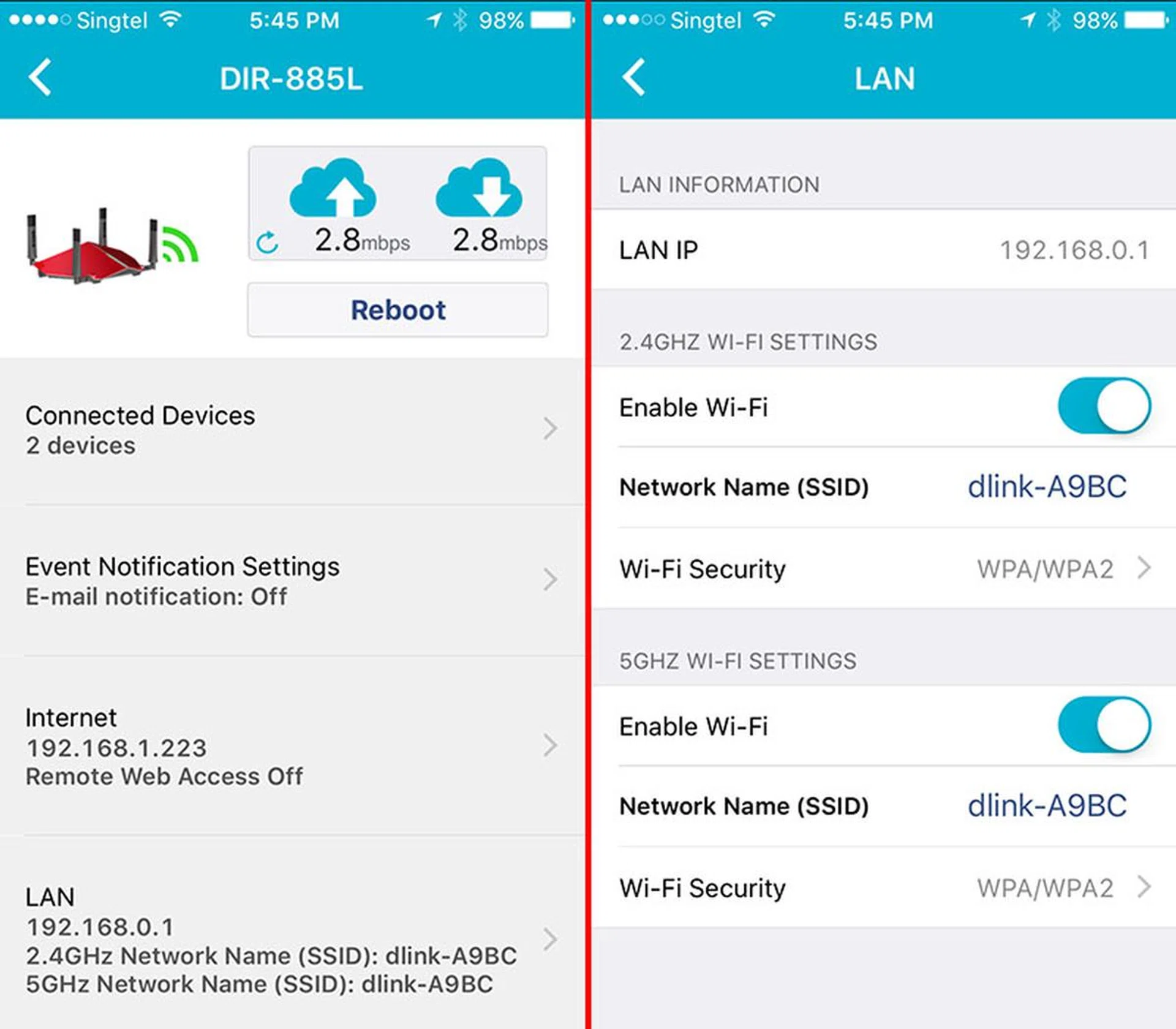 D-Link's mydlink Lite app is pretty simplistic and doesn't allow users to do much apart from monitoring speeds and rebooting the router remotely.