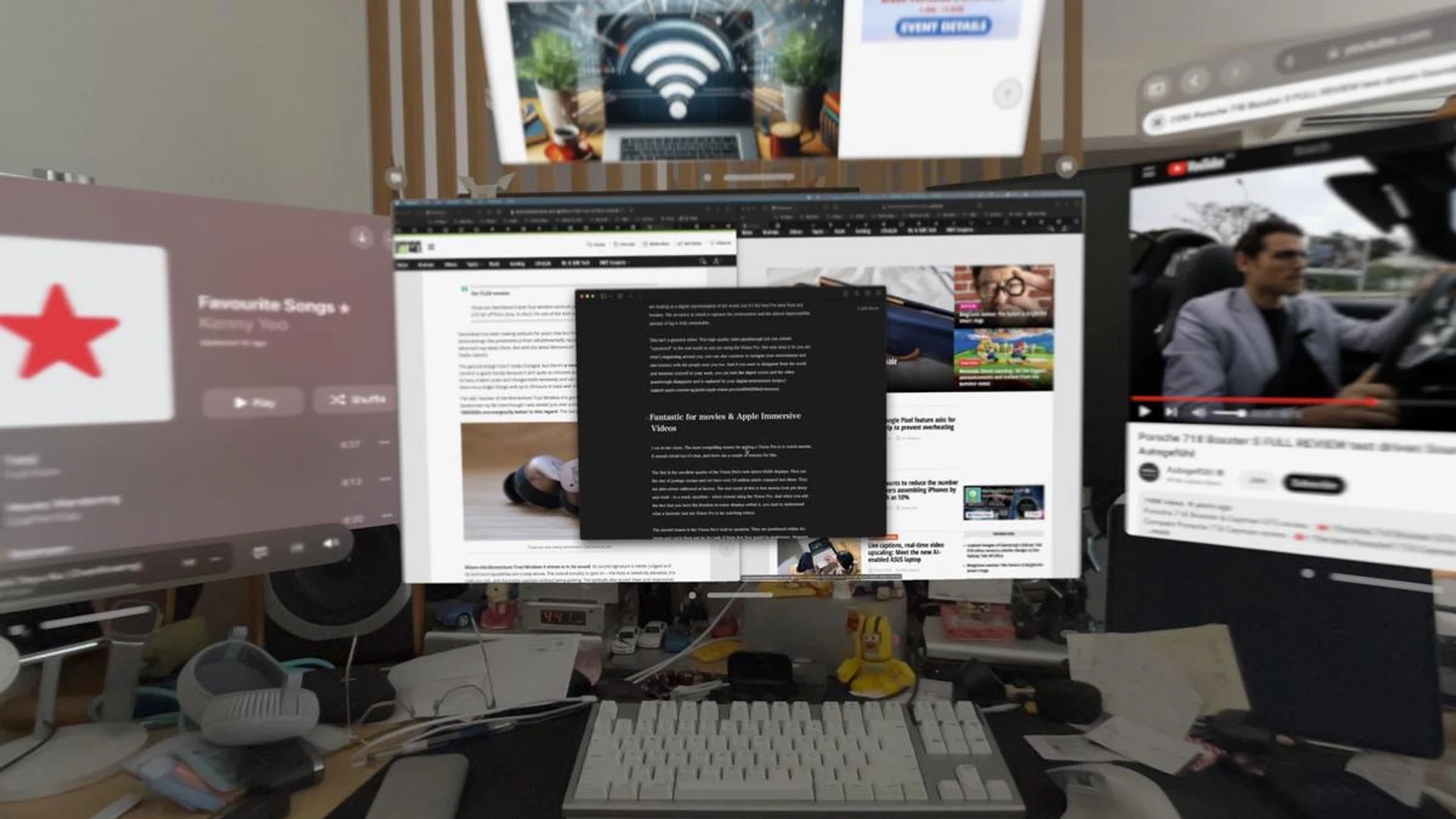 Mac Virtual Display lets you use your Mac in your Vision Pro environment alongside Vision Pro apps. Here's my virtual workspace with my Mac's display mirrored directly ahead of me and Vision Pro apps to the sides.