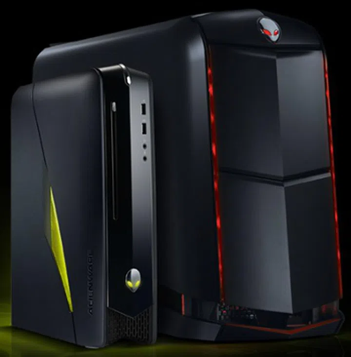 Seen here is the new slim and sleep Alienware X51 'gaming' desktop compared to their conventional bulkier powerhouse machines.