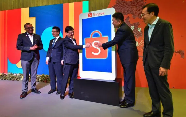 Deputy Prime Minister Heng Swee Keat (third from left) said Shopee's growth is aligned with Singapore's plans for growing the economy and positioning itself as a hub for the region to harness the potential of the growing digital economy. (ST PHOTO: NG SOR LUAN)