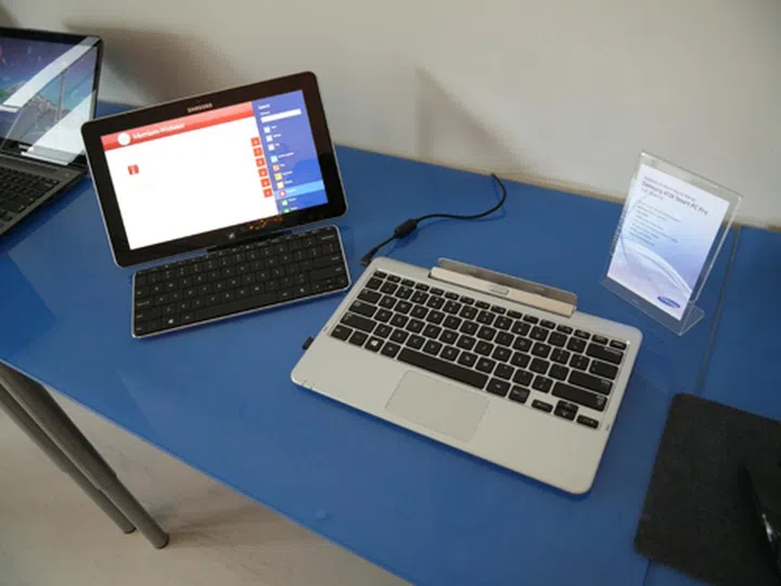 The ATIV tablets will come with docks as depicted in the image. However this is only a prototype unit. Actual units will come in black, rather than silver. 