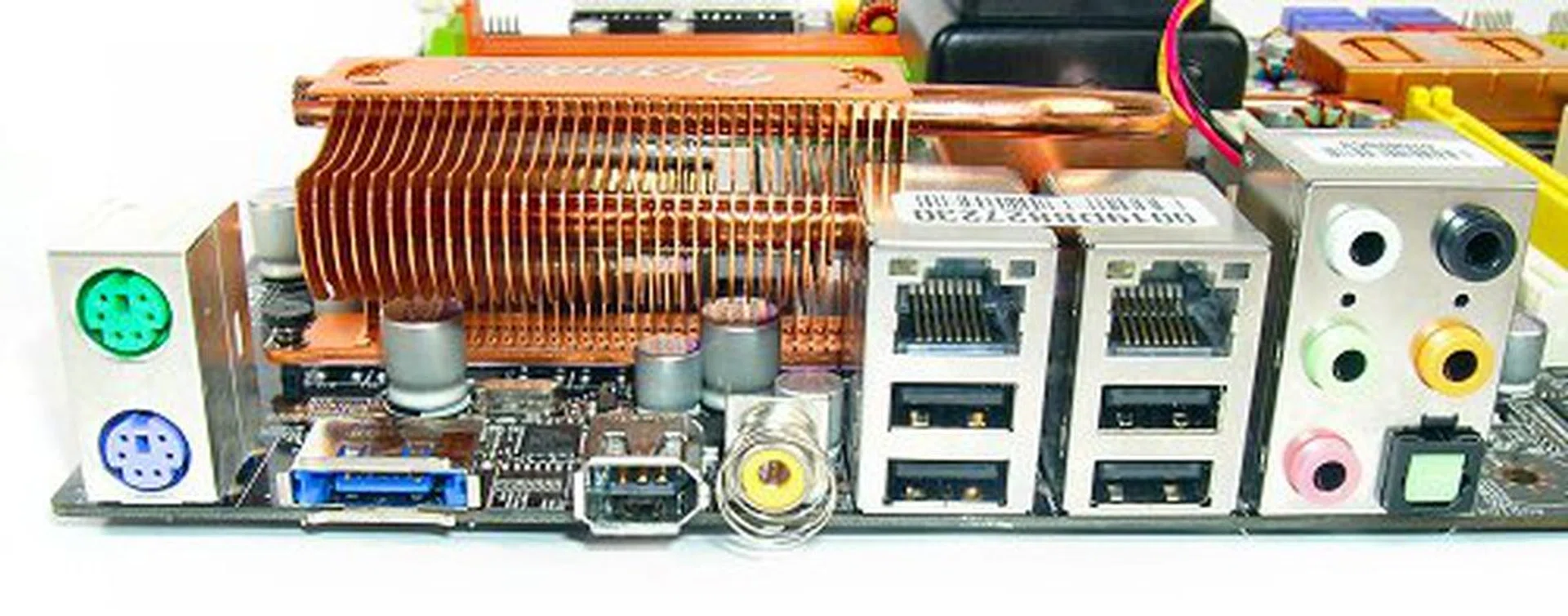 From left to right, legacy PS/2 keyboard and mouse ports, one dedicated eSATA, one FireWire-400, coaxial S/PDIF, two RJ-45 LAN, four USB 2.0 ports and analog surround audio block with optical S/PDIF.