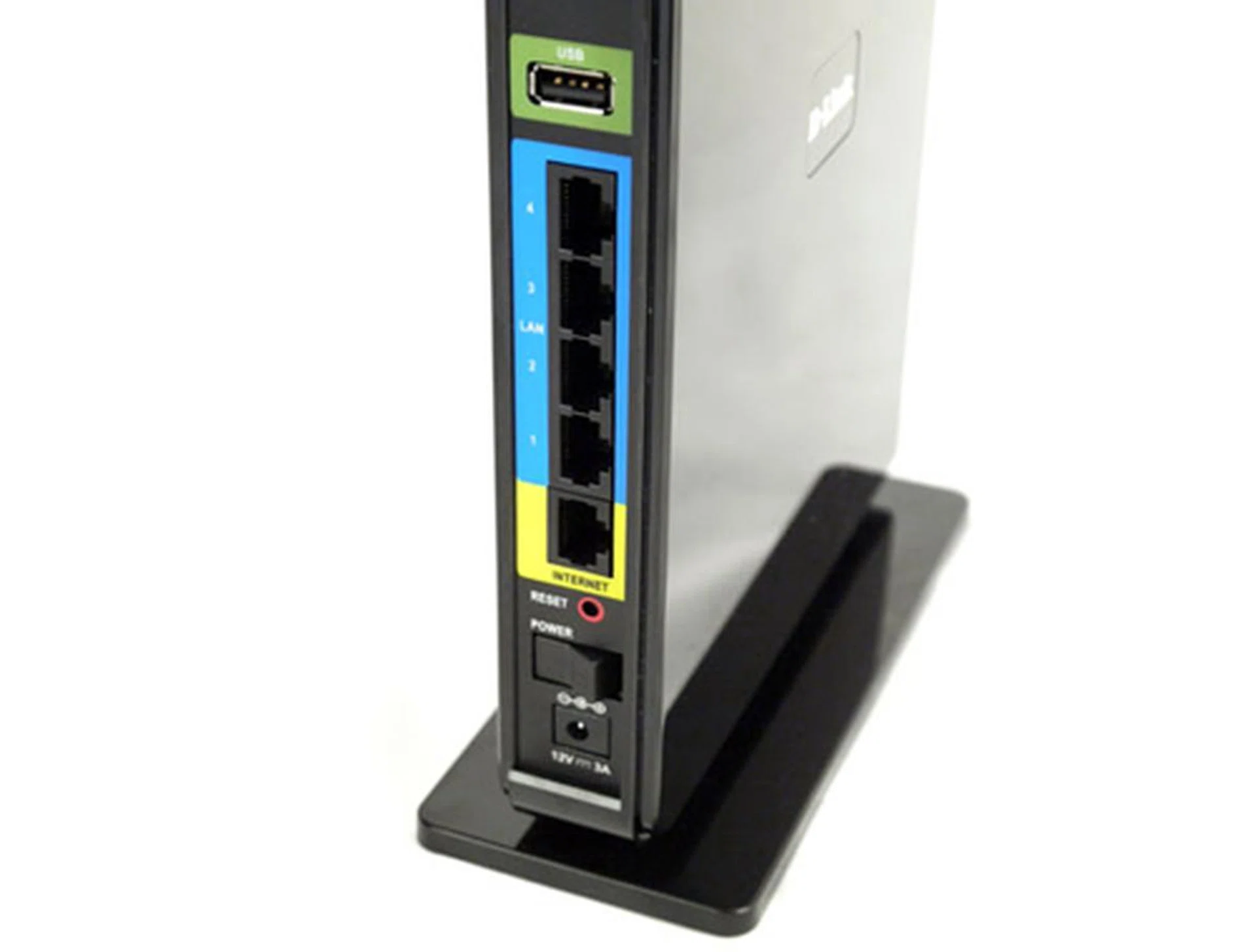 The back panel features a standard 4-port Gigabit switch and a Gigabit WAN port. There's only one SharePort USB slot for external drives, but the rocker power switch is a sweet touch.  