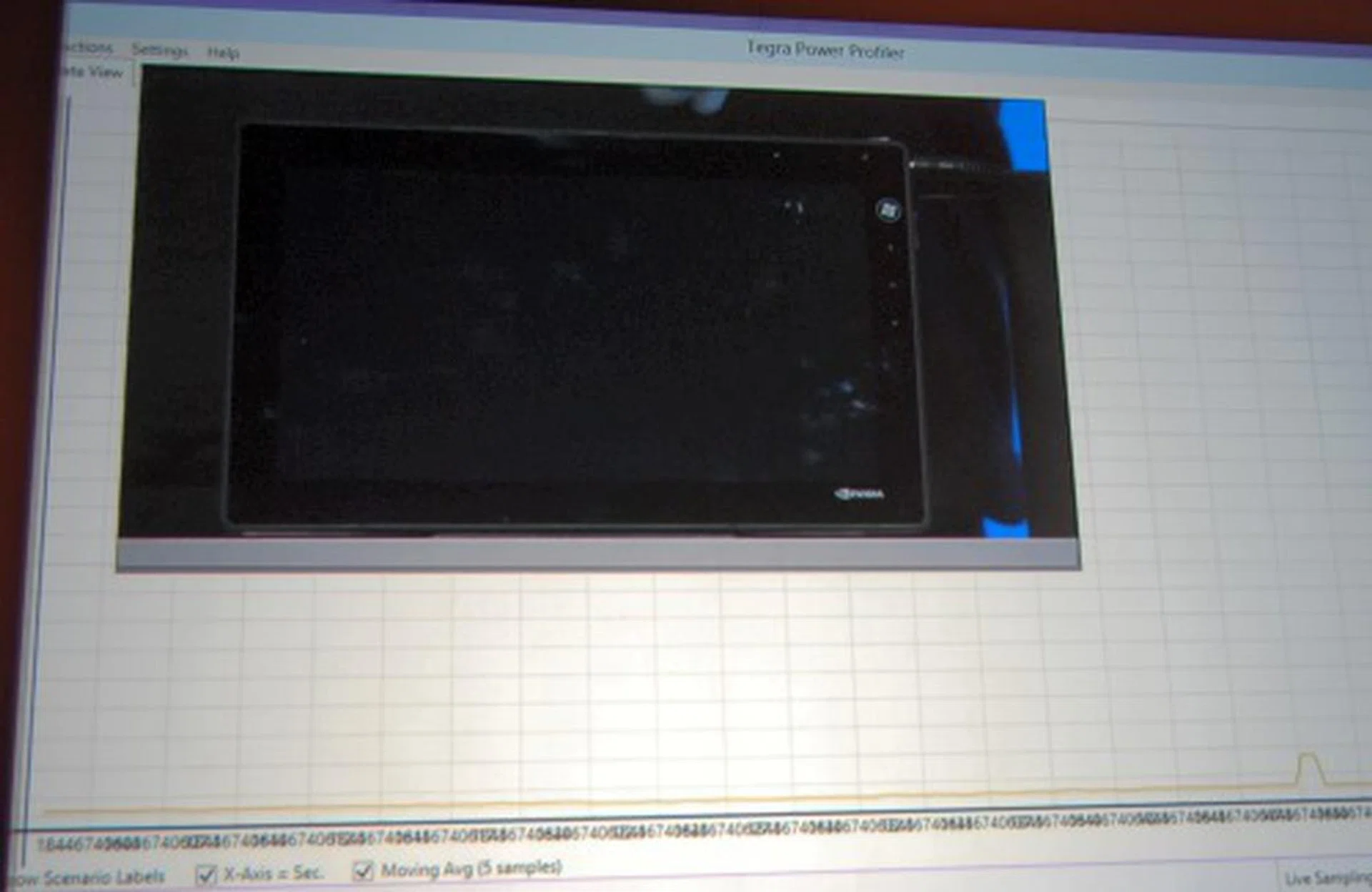 On the inset, you’ll notice the Tegra 3 tablet in idle mode and the power chart indicating it sipping minimal power to keep it alive.