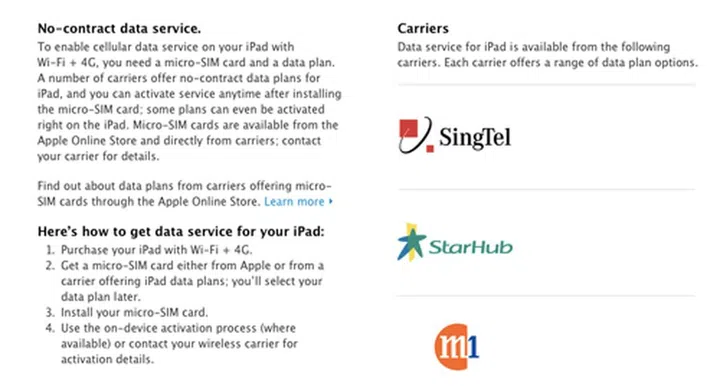 All three telcos have been listed on the Apple Singapore page. Unfortunately, there won't be LTE support from the three telcos for the new iPads. (Image source: Apple Singapore)