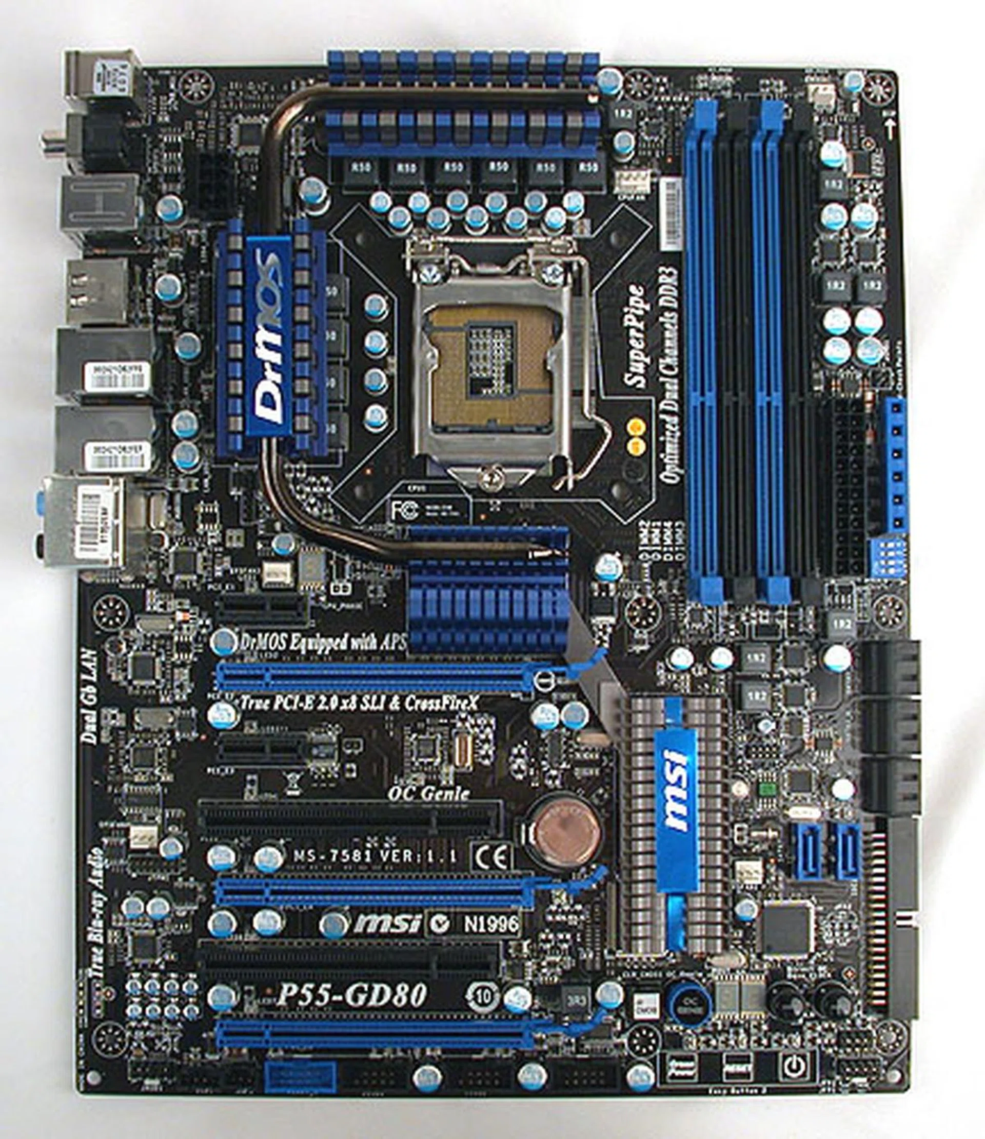 MSI has been using this handsome black and blue color scheme for quite a few of its recent motherboards and the P55-GD80 is the next to get the treatment.