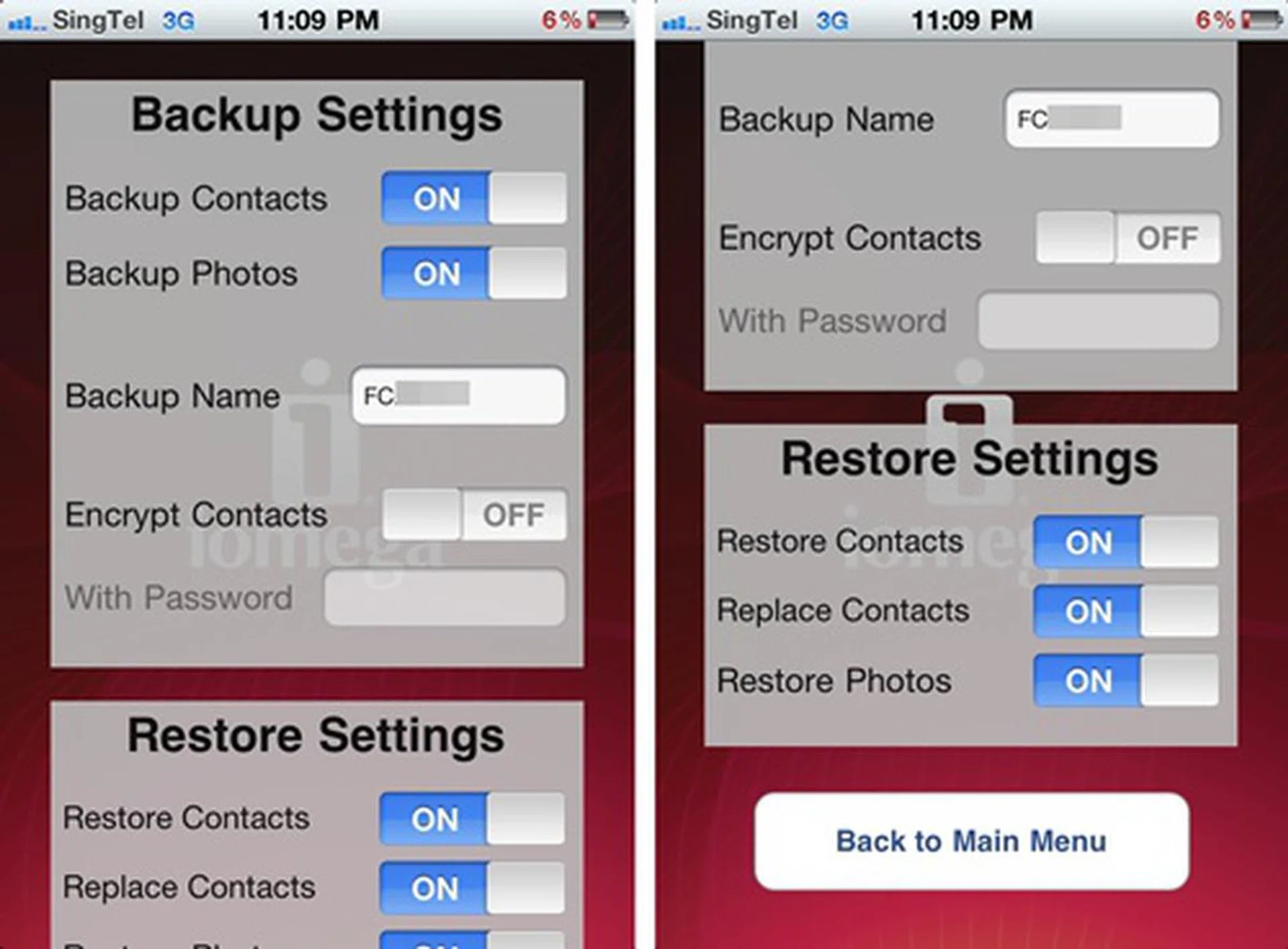 These images are self-explanatory. The backup is only limited to contacts and photos, so don't expect too much here.